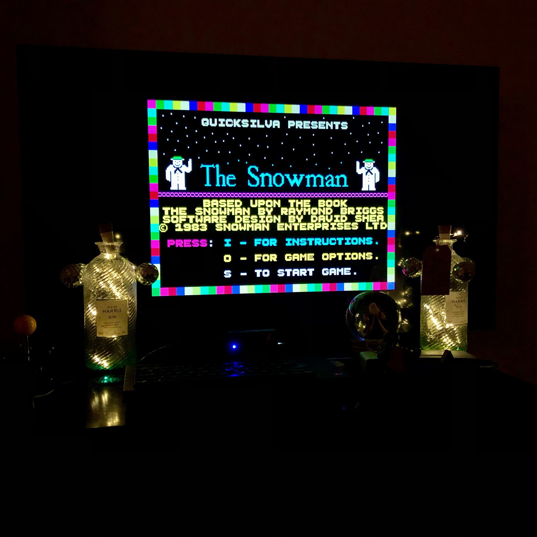 ZX Spectrum screenshot, title screen of The Snowman by Quicksilva from 1983